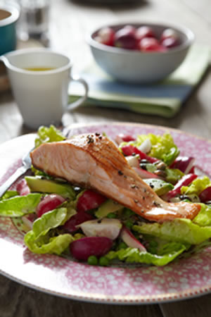 Lowri Turner Pan-fried Salmon With Radish avocado and pumpkin seed salad